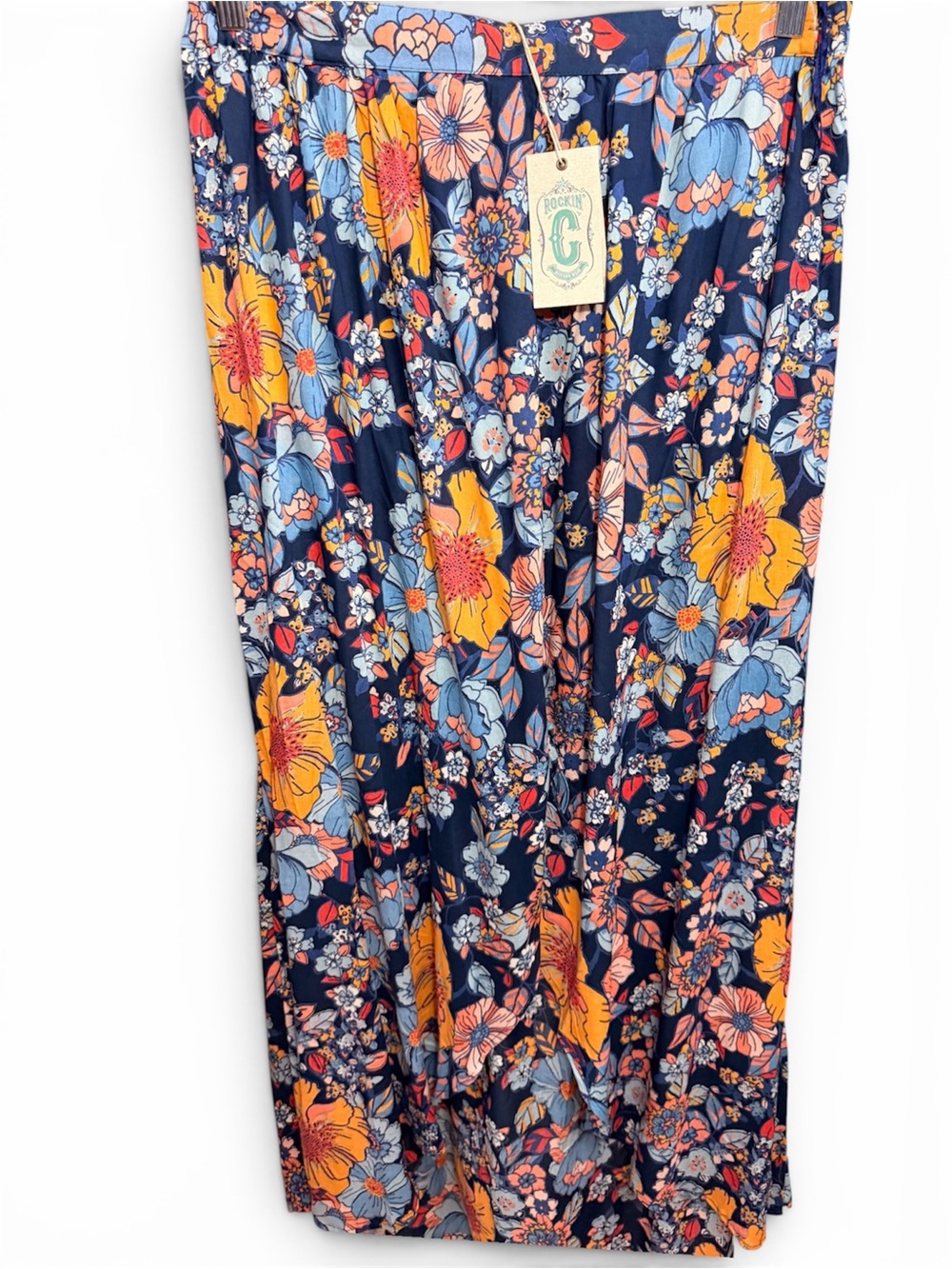 Floral High-Low Maxi Skirt in Navy with Orange & Blue Blooms